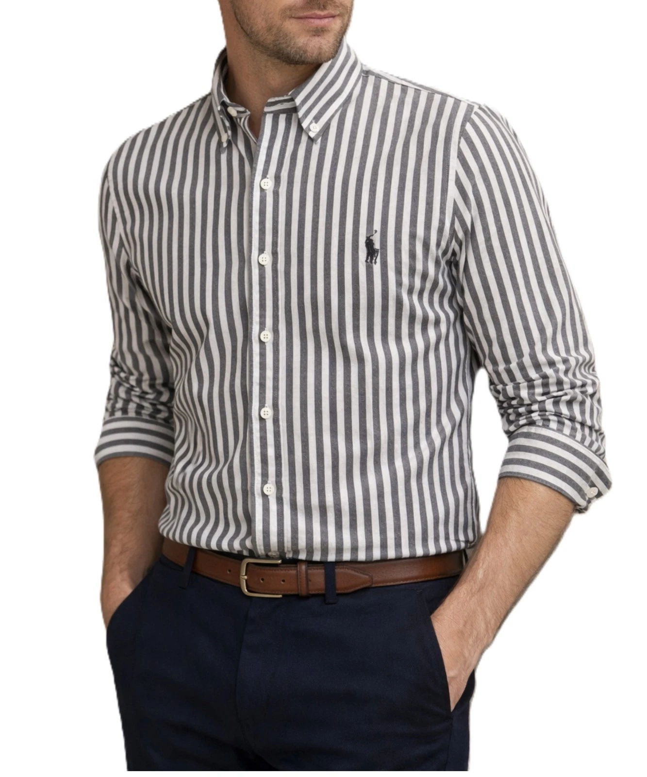 NWT - POLO RALPH LAUREN Mens Custom Slim Black Striped Long Sleeve Shirt : M - L