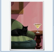 Cocktail Wall Art Black Cat with Martini Art Print Cute Quirky 16x24 Unframed