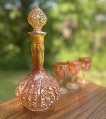 グラス・カップ・酒器 Pandalove Decanter & Tumblers Set. VTG SET! Imperial Carnival Glass Decanter Daisy Button Marigold w