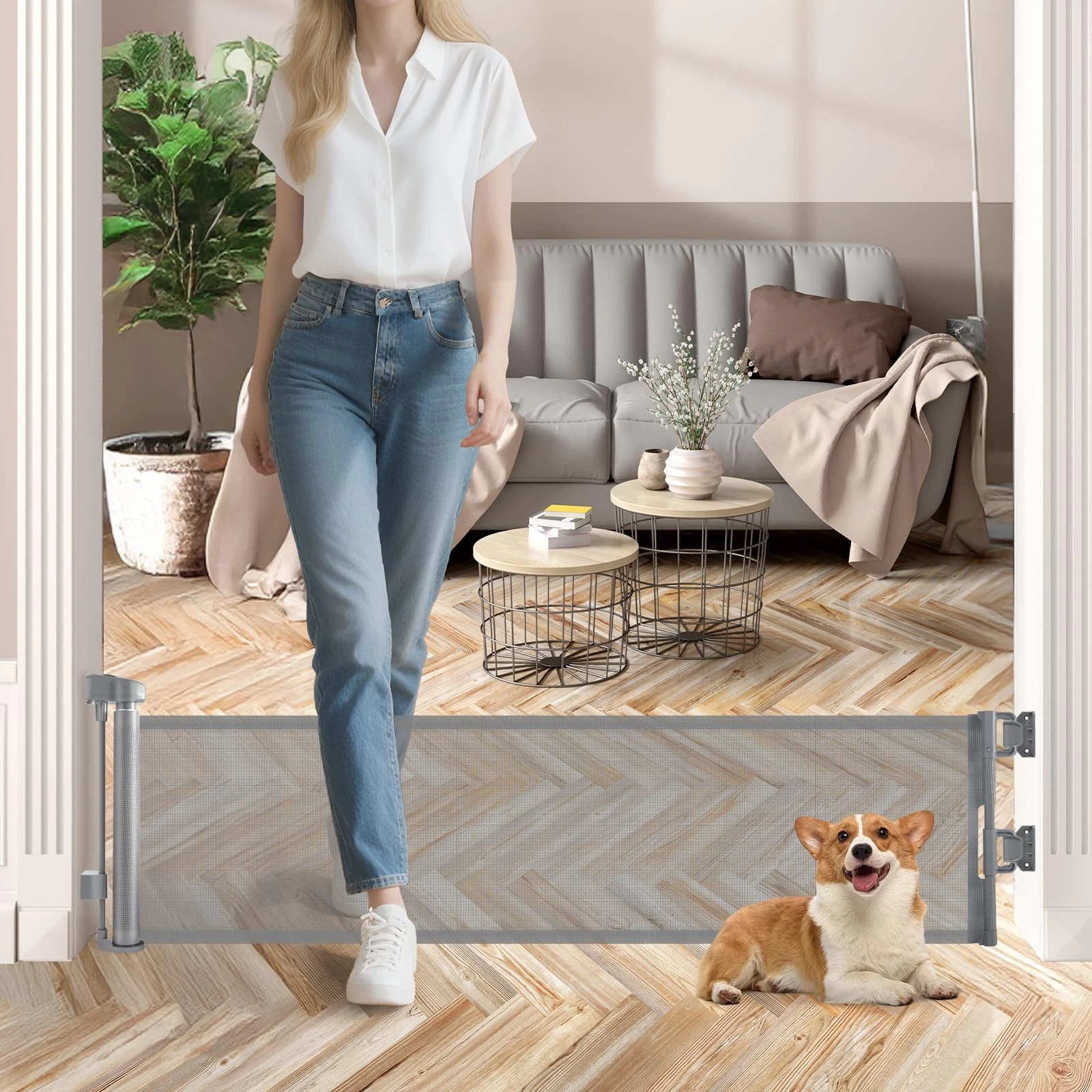 14" Tall Short Dog Gate to Step Over, Retractable Mesh Pet Door for Small Pup...