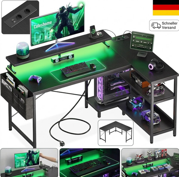 Coleshome Gaming-Tisch Mit Stauraum, 120×80 Cm Eckschreibtisch Mit Regal & Stoff-image