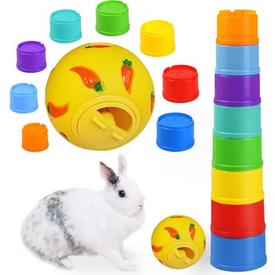 9 Pack Rabbit Stacking Cups and Bunny Treats Balls, with Multi Colored Plasti...