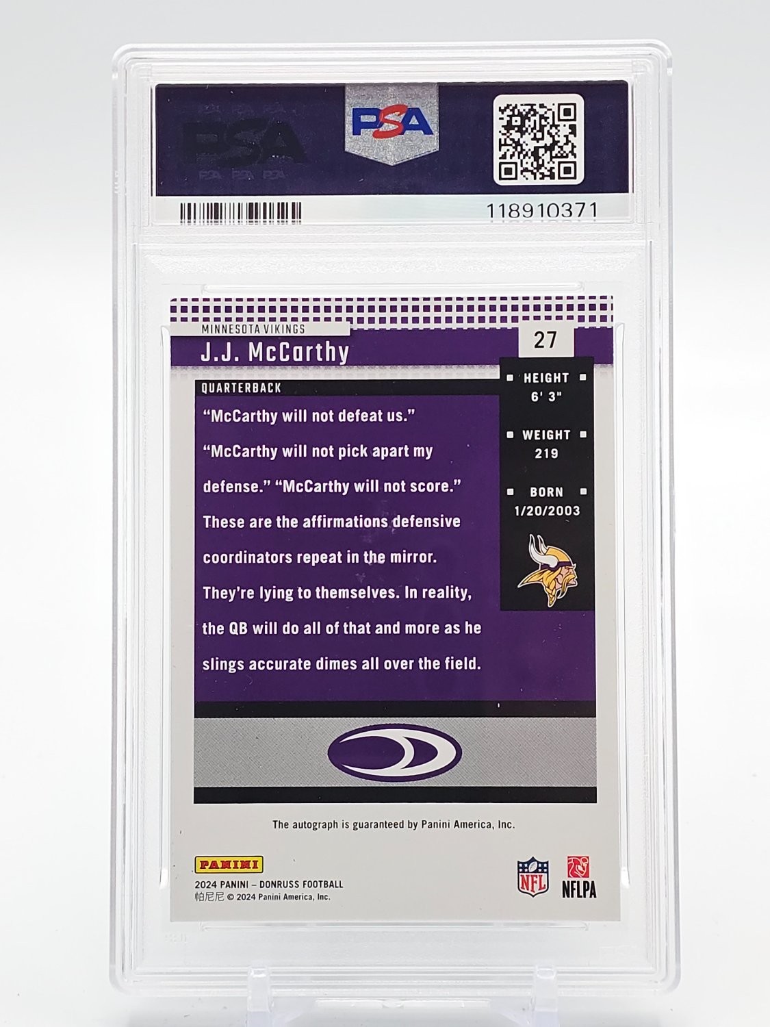 JJ MCCARTHY 2024 DONRUSS RETRO 2004 AUTO FOOTBALL /25 #27 VIKINGS PSA 7 Q5997 view 2