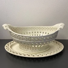 Antique English Plain Creamware Openwork Basket and Stand, Circa 1780s