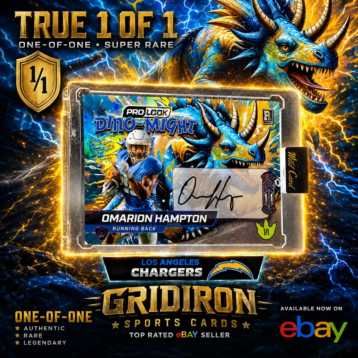 Omarion Hampton True 1/1 Auto Wild Card Pro Look Dino Might Chargers Football