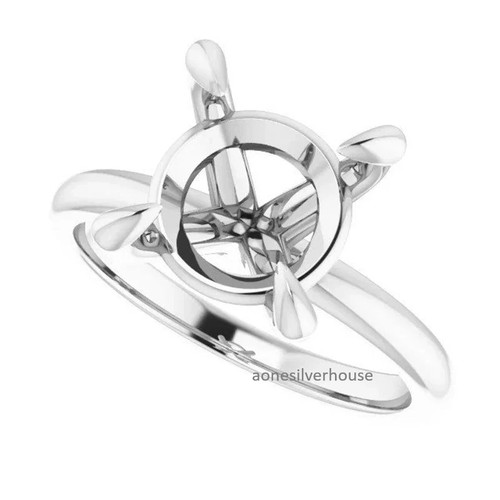925 Sterling Silver 7MM Round Semi Mount Ring-Solitaire Four Prong Setting Ring
