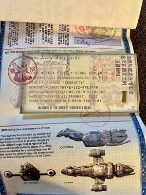 FIREFLY-SERENITY TV-Movie Official Ship Papers Prototype One-of-a-Kind, Mint