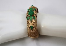Vintage Trifari Gold Tone & Green Stone Hinged Fashion Cuff Bracelet