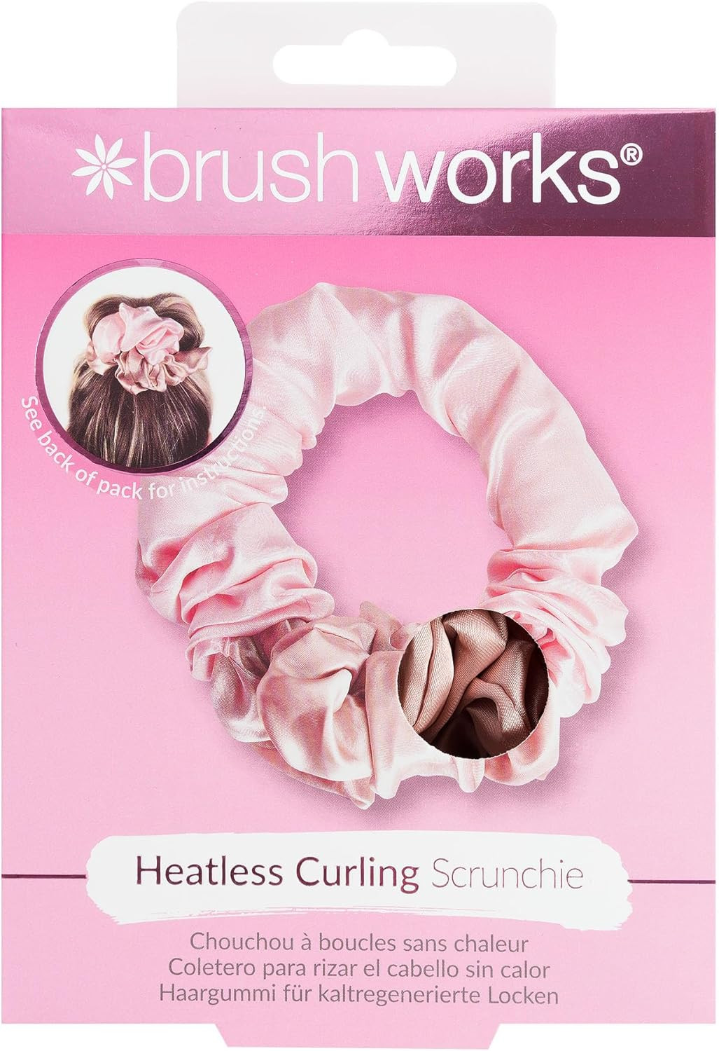 Brushworks Heatless Curling Hair Scrunchie (Pink) - Satin Sleep Curler for Damag