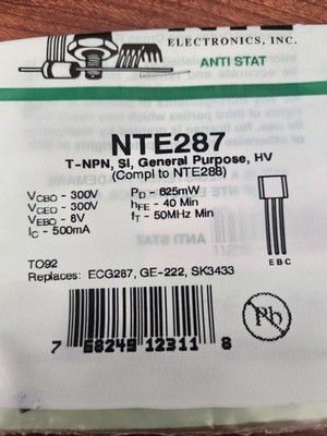 NTE Electronics NTE287 T-NPN, SI, General Purpose, HV