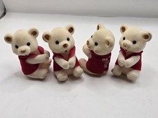 Vintage Lot of 4 Flocked Teddy Bear Figurines Mini Fuzzy Bears Red Vests Texas