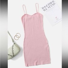 SHEIN Pink Ribbed Spaghetti Strap Bodycon Mini Dress Size Small