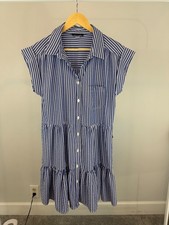 Tommy Hilfiger Womens 8 Navy White Striped Tiered Shirt Dress Cap Sleeve