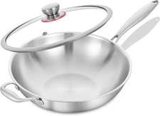 12 Inch Tri-Ply Stainless Steel Wok Pan with Lid Detachable Handle Heavy Duty