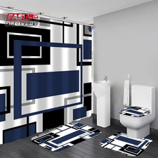 4 Pcs Blue Geometric Shower Curtain Sets with Rugs Blue Bathroom Sets with Showe