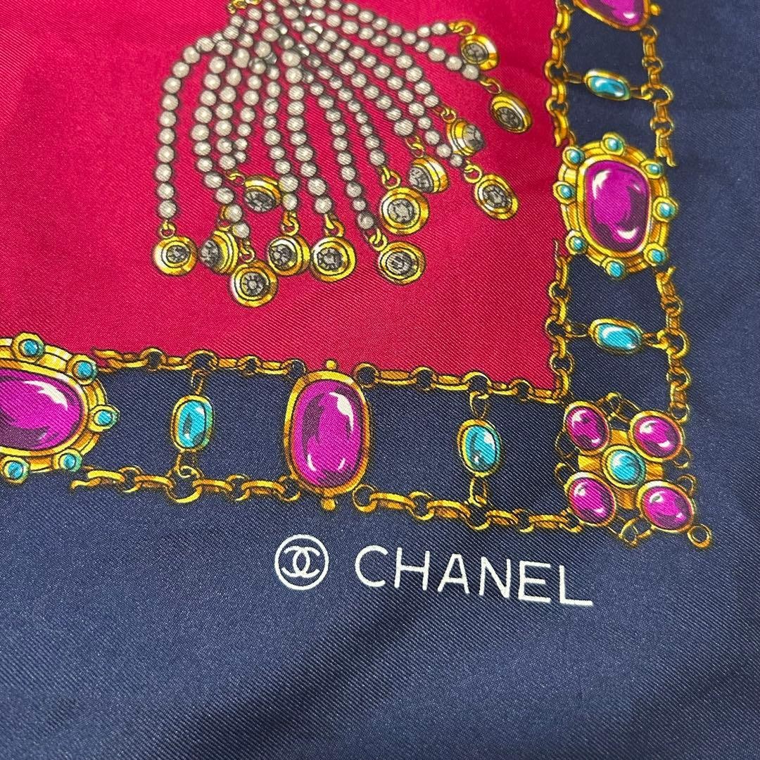 CHANEL Jewelry Chain pattern Silk Scarf Pink X Navy about 34.05 x