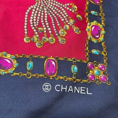 CHANEL Jewelry Chain pattern Silk Scarf Pink X Navy about 34.05 x