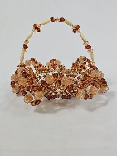 Vtg Handmade Beaded Safety Pin Basket & Doily Trivet Mat Brown Ivory Unique - Picture 3 of 16