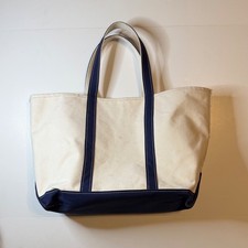 LL Bean Boat and Tote Bag Large Canvas Navy Cream USA Made Open Top Shopper