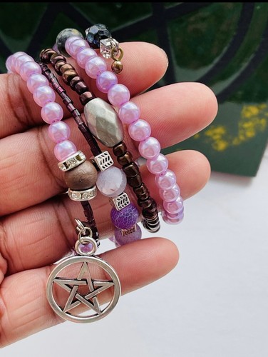 Gothic Witch Pentagram Bracelet Pagan Wicca - Amethyst & Hematite Protection - Picture 2 of 5