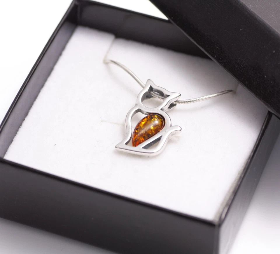 COLGANTE Y COLLAR DE CADENA NATURAL ÁMBAR BÁLTICO PLATA ESTERLINA 925 CERTIFICADO GATO Foto 3 de 4
