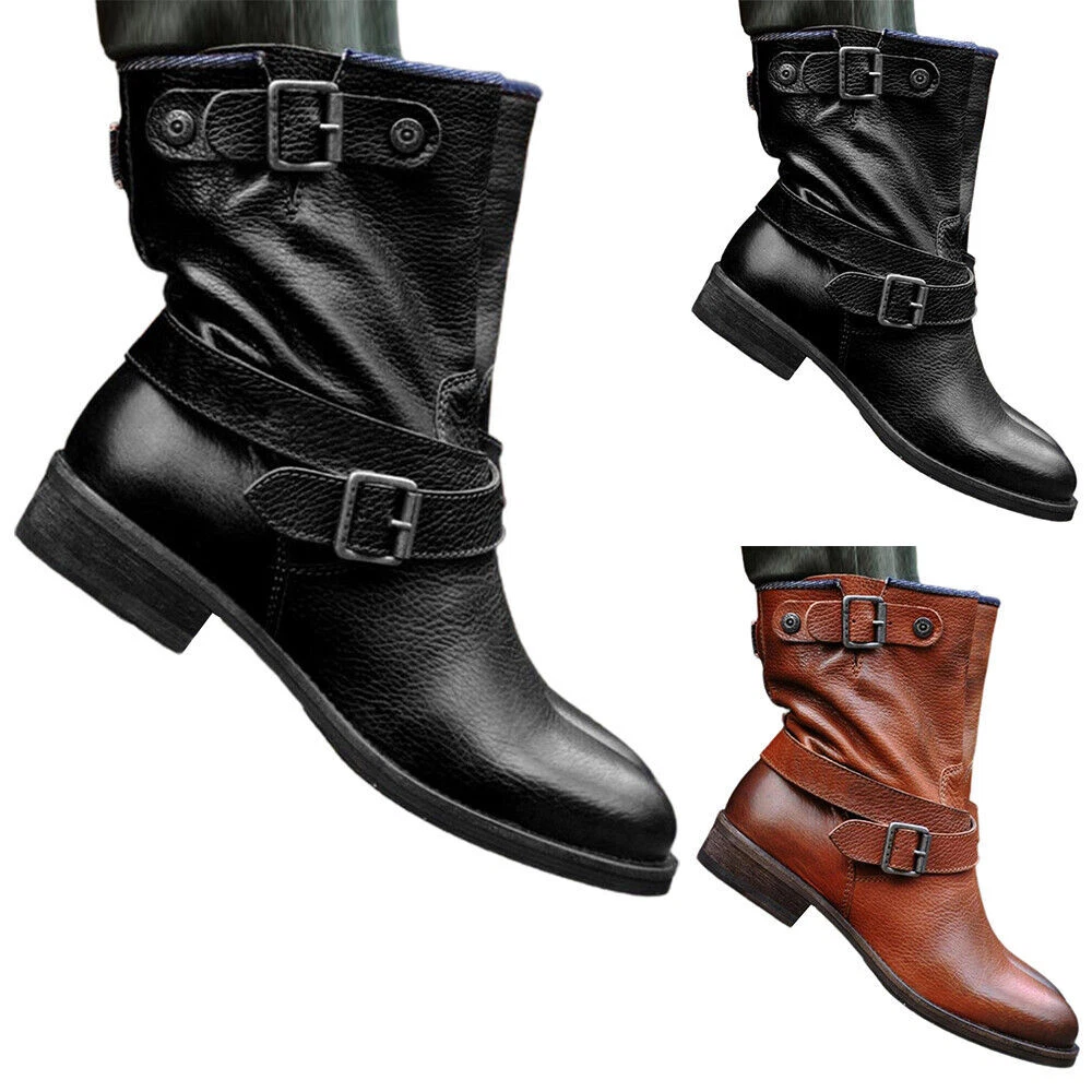 Retro Women Buckle Strap Wide Calf Biker Boots Low Chunky Heel