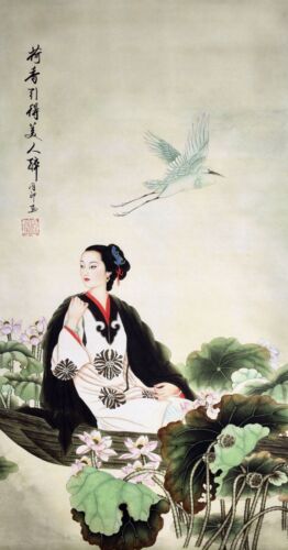 HANDPAINTED ORIGINAL ASIAN ART CHINESE FIGURE WATERCOLOR PAINTING-Beauty&Lotus - Photo 1 sur 12
