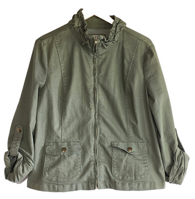 Live a Little LAL Jacket L Large Sage Green Ruffle Neck Peplum Back Utility Stre