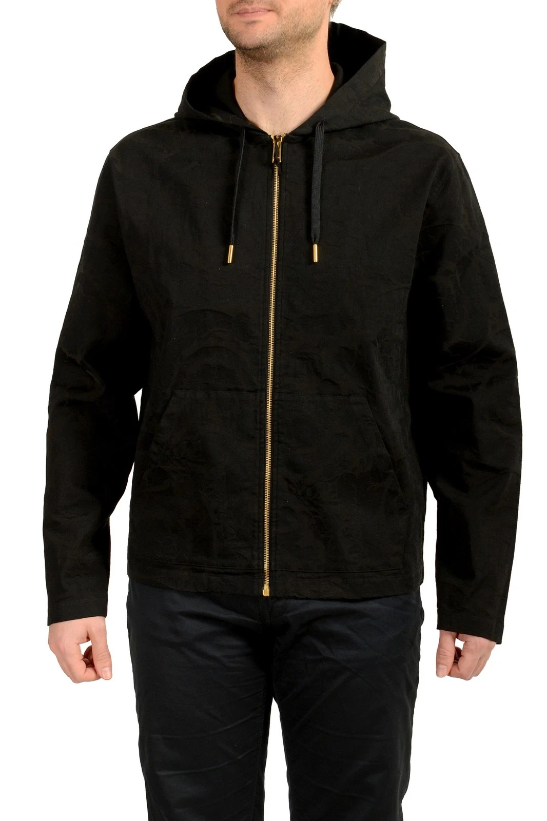 Versace — Versace Men's Black Hooded Full Zip Barocco Jacquard Light Jacket US 2XL IT 56