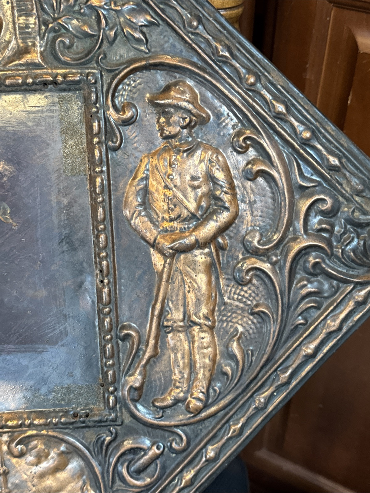 1890s Antique USS OLYMPIA Our Nations Pride Hammered Copper On Wood Mirror RARE