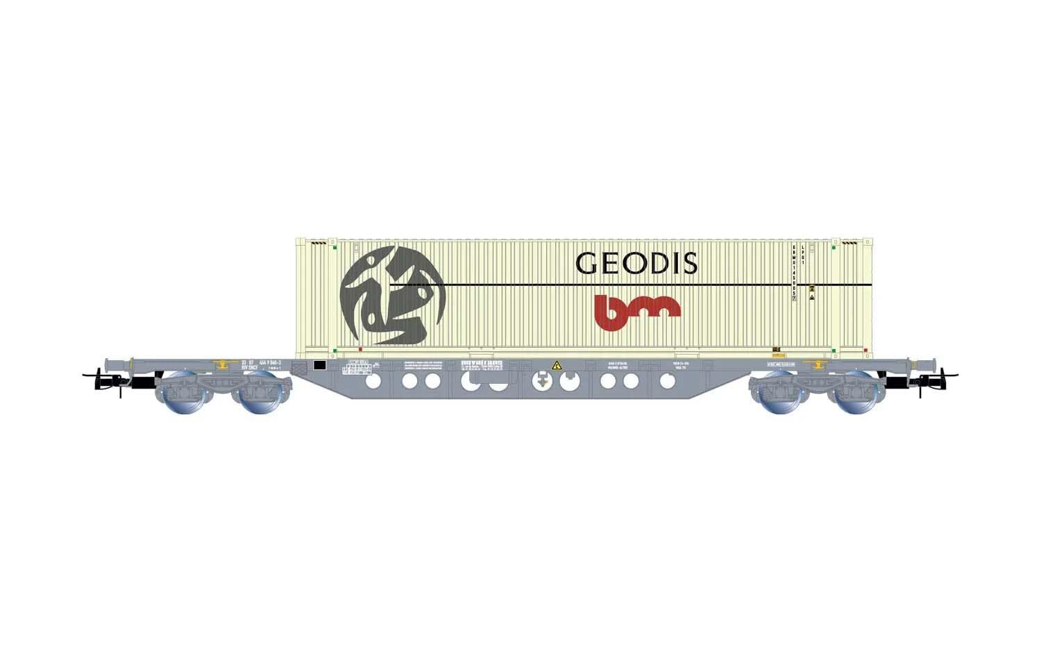 Carri container Sgnss, con container grigio da 45' "Geodis", epoca V