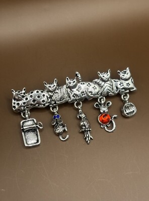 Silver Tone Cute Cats Animals Charm Dangle Rhinestone Accent Brooch