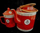TRADITIONAL LUSTRE 1960s Chinese Vintage Oriental Teapot Bamboo Handles/Mug