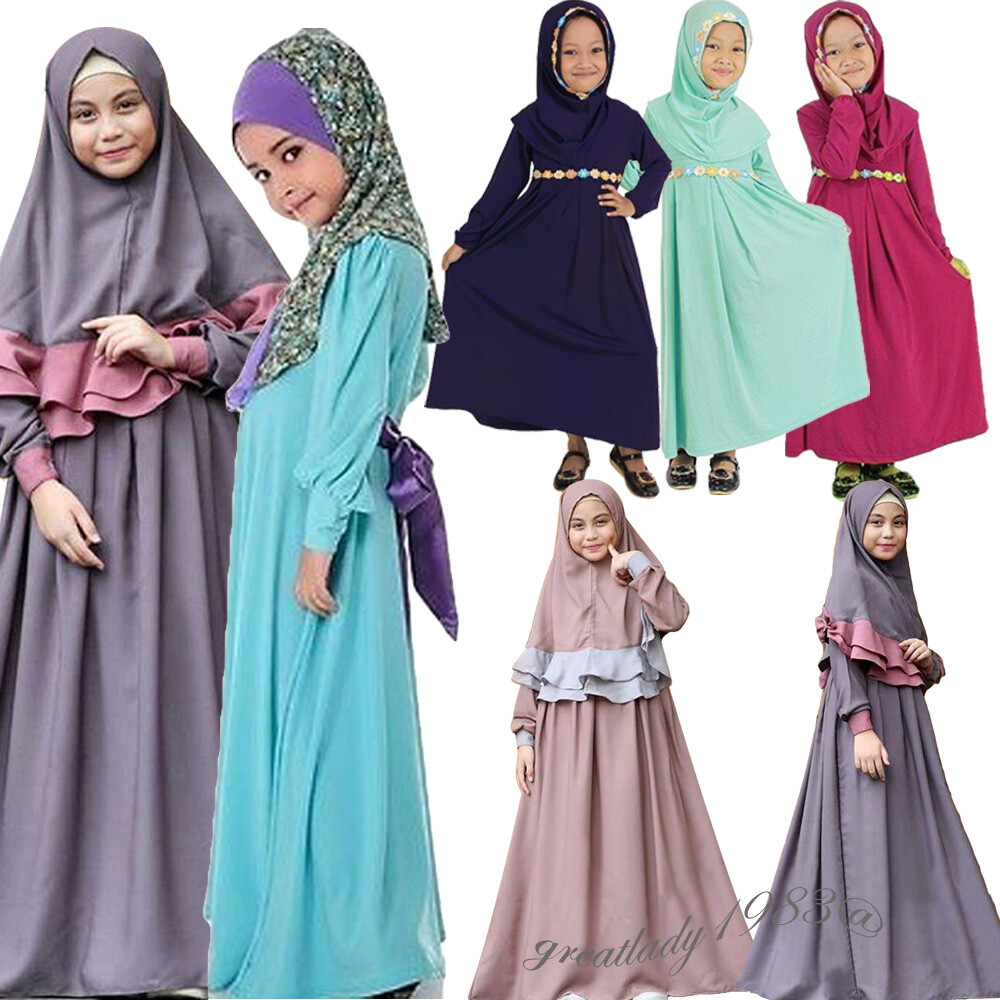 Prien Gebedsjurk voor Meisjes, Islamitische Kleding voor Kinderen met Hijab, Lange Mouwen Abaya in Twee Delen, Maxi Moslim Set met Sjaal, Kaftan en Jilbab (Muntgroen