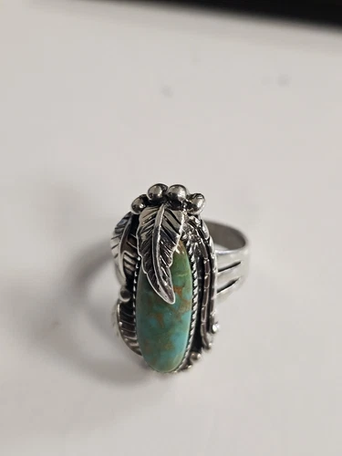 VTG CAROL FELLEY 925 STERLING SILVER TURQUOISE 1996 FEATHER RING SIZE 9.5