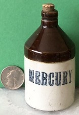 Antique Primitive 19th Century Stoneware Pottery Mercury Jug Bottle Paper Label