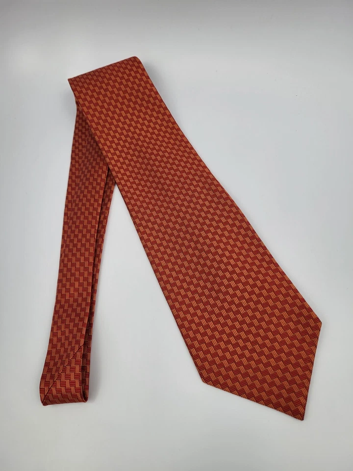 Corbata de lino moda seda roja naranja geométrica para hombre 57 x 3,75 Foto 2 de 4