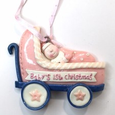 Baby's First Christmas Girl Pink  Blue Baby in Carriage Tree Ornament