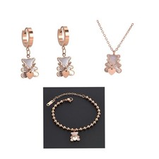 Set Teddy Bear Earrings Necklace Bracelet New 3 Pieces Stainless Steel Gold Rose