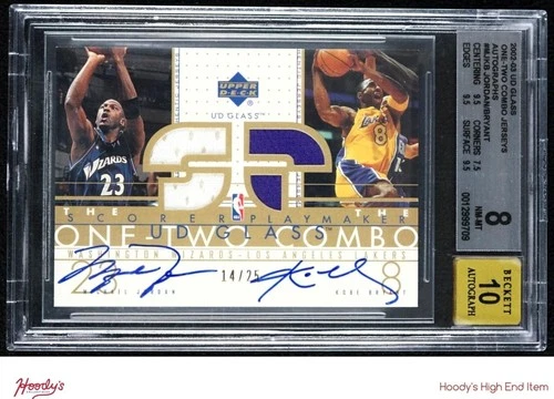 2002 UD Glass Michael Jordan Kobe Bryant GAME USED JERSEY ON CARD AUTO /25 BGS 8