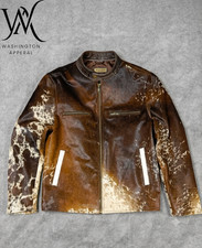 Unisex Real Cowhide Leather Jacket Hair On Fur Brown White Western Biker Jacket