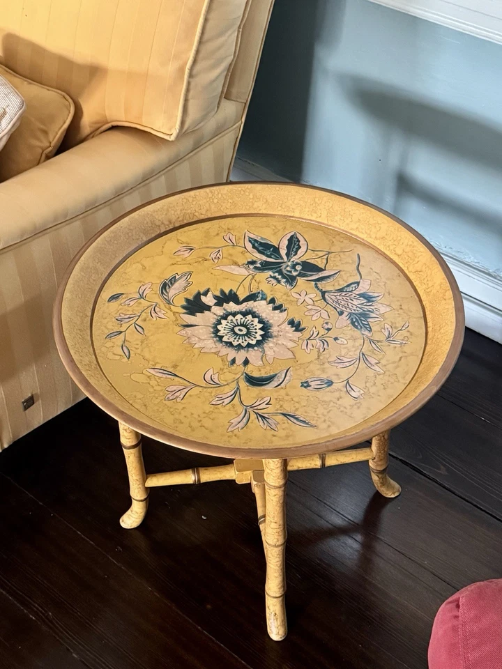 Винтажный искусственный бамбук Chinoiserie съемный поднос стол желтый синий дерева композитный - Изображение 2 из 4