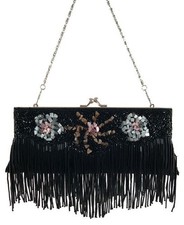 Black Dangle Bead Chain Handle Clutch Shoulder Evening Purse NEW