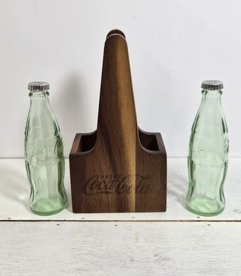 COCO COLA GREEN SALT/PEPPER SHAKERS IN WOODEN CRATE