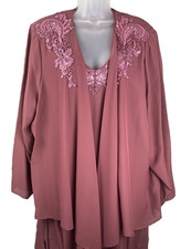 Roaman's MOB Dress Jacket Set Size 26W Asymmetrical Hem Mauve Beaded Embroidered