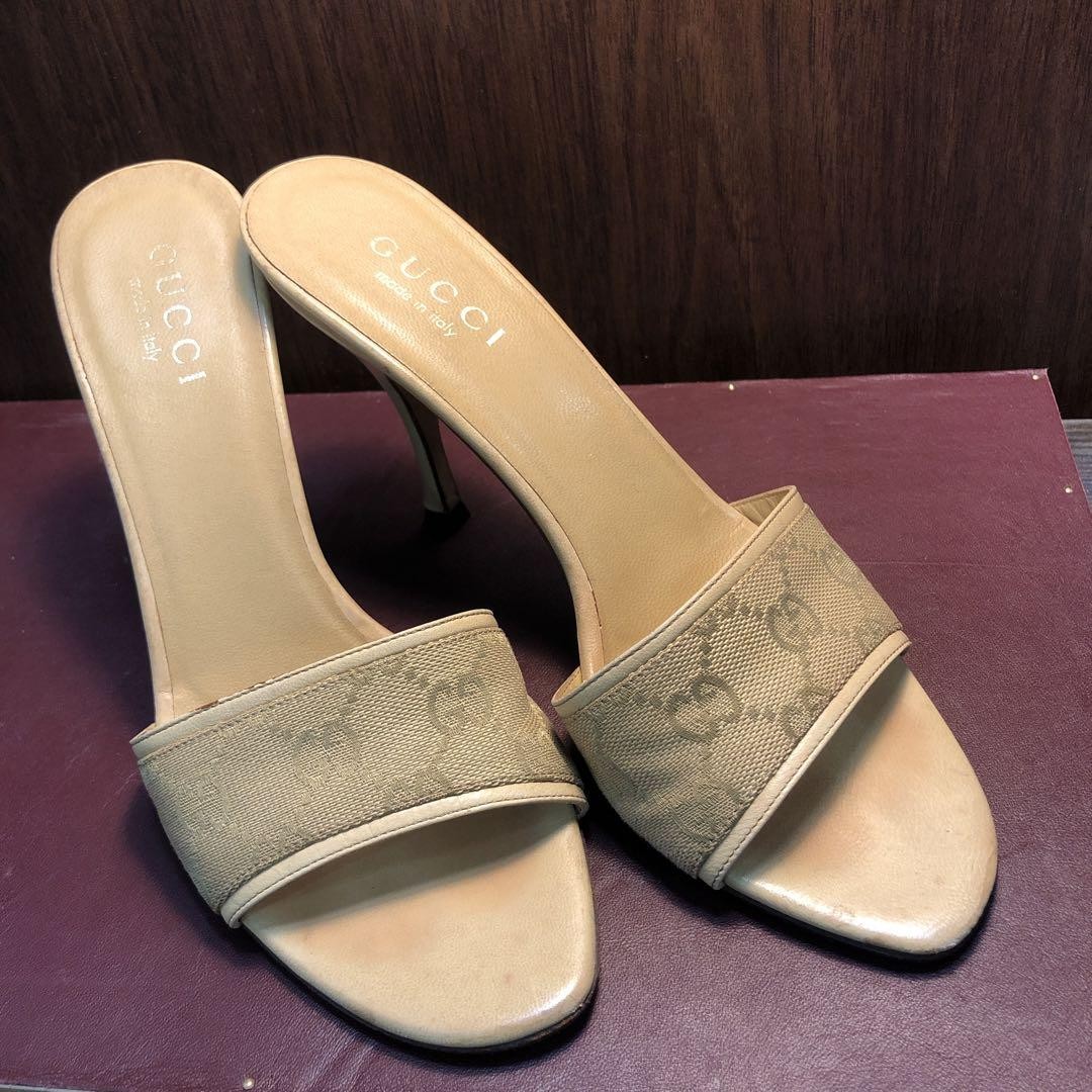 APL GUCCI Mules Sandali Tacco GG Tela Beige EU37 US7 90689c