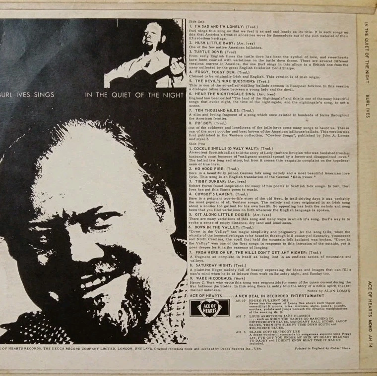 Burl Ives Sings In The Quiet Of The Night Vinyl LP Album.1956 Ace Of Hearts AH14 - Image 2 of 4