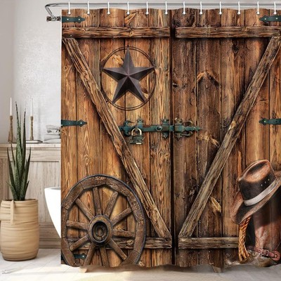 Texas Star Western Barn Door Shower Curtain Sets for Bathroom,Cowboy Hat Boots
