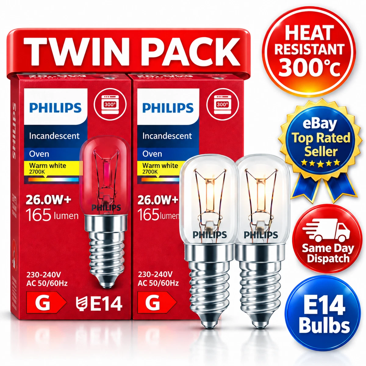 2 x Philips Oven Bulb E14 25W (26W) 300°C Cooker Light Warm White Lamp