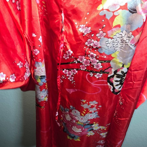 Kimono Stil Morgenmantel Damen Rot Blumenmuster Seide Langarm Luxuriös Orientalisch - Bild 7 von 11